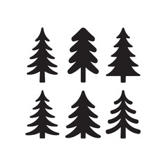 Obraz premium Set of six stylized pine tree silhouettes vector isolated on white background.