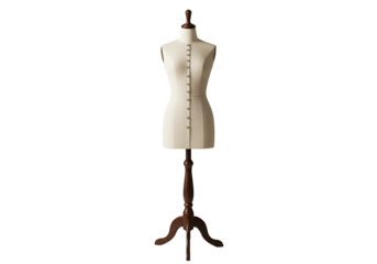 Vintage tailors dress form mannequin on wooden stand isolated on transparent background
