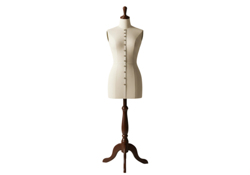 Vintage tailors dress form mannequin on wooden stand isolated on transparent background