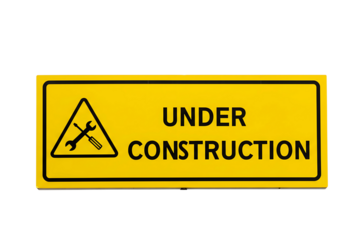 Yellow under construction warning sign with tools symbol isolated on transparent background