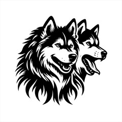 Fototapeta premium Two black and white husky dogs side by side