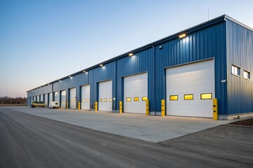 Modern blue industrial warehouse with garage doors on paved lot. Steel structure exterior ideal for commercial use, storage, logistics, shipping, manufacturing, or business real estate.