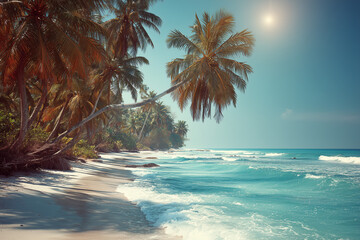 Tropical sandy ocean beach with palm trees vintage toned photo with abstract  film distress and flare light leak,retro grain noisy film distressed texture light leak flare background