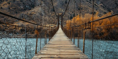 A scenic view of an old wooden suspension bridge swaying in the wind