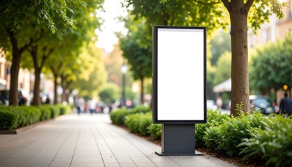 Blank billboard in a city street lined with trees