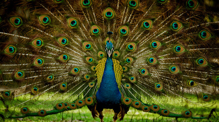 Obraz premium Magnificent Male Peacock Displays Its Vibrant Train Feathers in a Lush Garden Setting