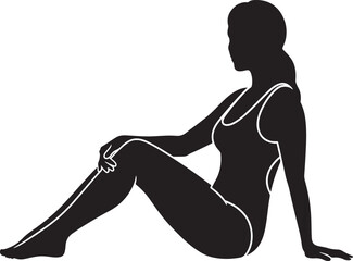 Silhouette of a woman in a one-piece swimsuit, sitting in a relaxed pose with white line art details
