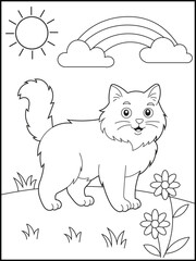 An adorable fluffy cat is walking outside. Illustration of a cute kitty and a rainbow. Coloring page for kids and adults.