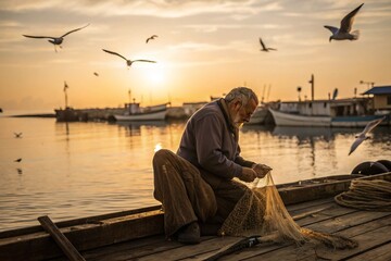 Fototapeta premium A man sits on a dock fishing with a net