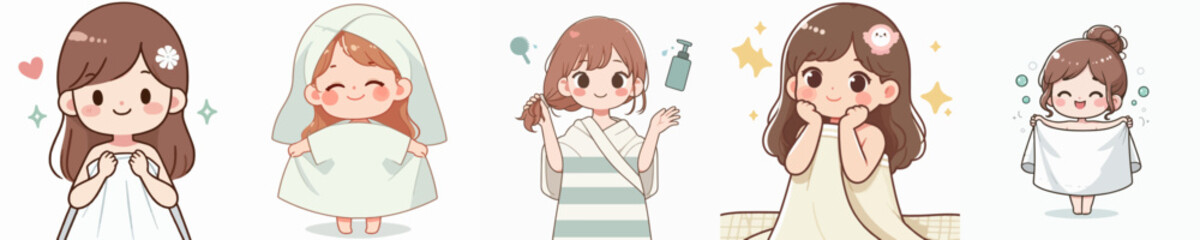 vector of a little girl wearing a towel after taking a shower