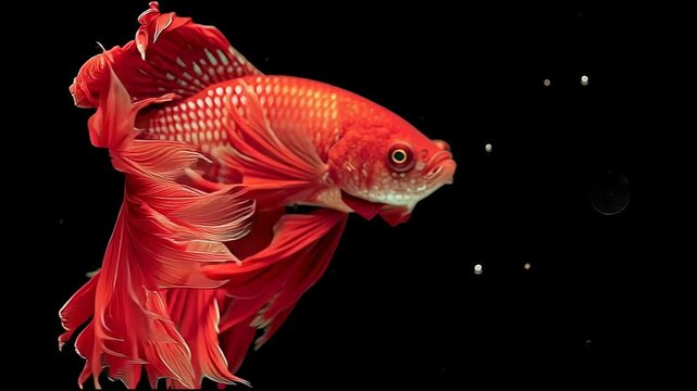 The image shows a stunning red Betta fish, also known as Siamese fighting fish, with long flowing fins set against a black background. The vivid red color and intricate fin details are quite striking.