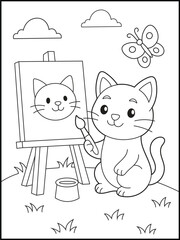Cat Coloring page. Sweet Kitten Drawing  Art on the Park. Black and White Line Art Printable Coloring Page for Kids and Adults