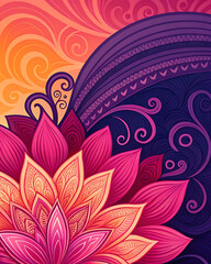 Abstract floral mandala design with vibrant orange, purple, and pink petals in ornamental style 
