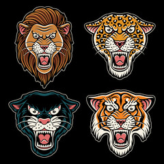 Vector pack of roaring lion, leopard, tiger, and panther heads, all designed in an old school tattoo style