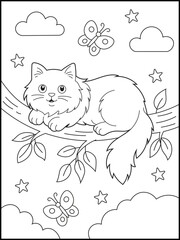 Adorable Kitten Sleeping on a Tree Branch. Black and White Line Art Printable Coloring Page for Kids and Adults. Cat coloring pages for children.