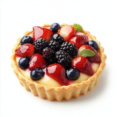 A gourmet fruit tart with a golden pastry shell filled with silky custard, 