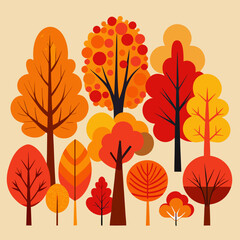 Stylized autumn forest with colorful trees in flat design