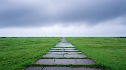 Pathway of stone slabs leads through lush green grass under a dramatic cloudy sky, inviting exploration and reflection in a serene landscape