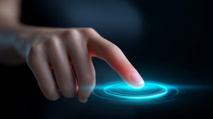 AI customer support ecommerce. Finger hand touch digital interface technology blue futuristic glowing innovation