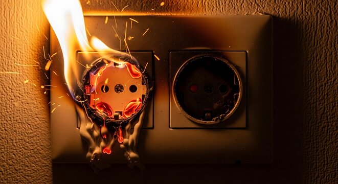 Electrical overload causing dangerous fire and sparks on a domestic power outlet socket