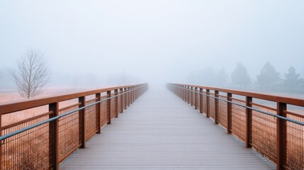 Wooden bridge extends into dense fog, creating a mysterious atmosphere with surrounding trees barely visible in the background, inviting exploration and reflection