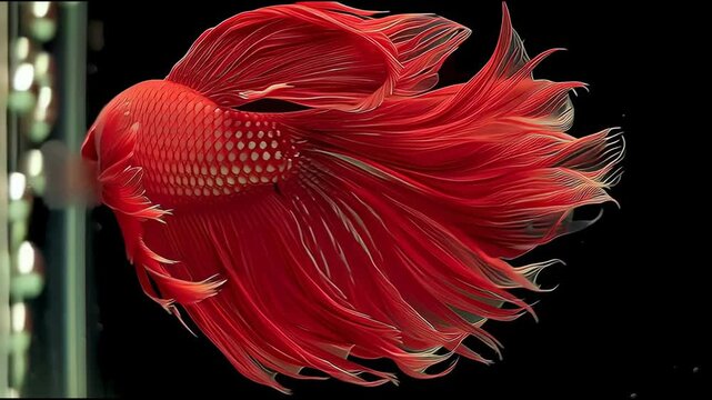The image shows a stunning red Betta fish, also known as Siamese fighting fish, with long flowing fins set against a black background. The vivid red color and intricate fin details are quite striking.