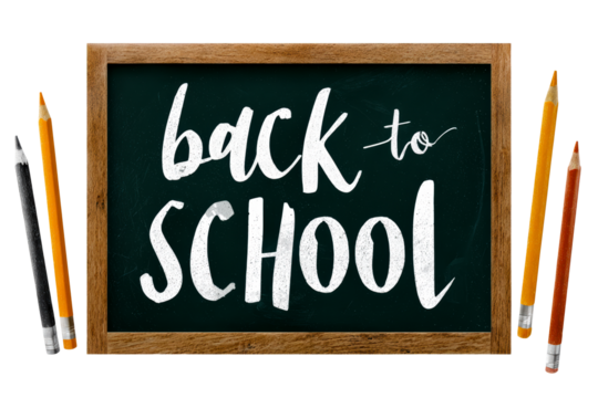 Back to school chalkboard with pencils on sides