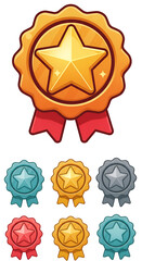 Pixelated Gold Star Badge with Red Ribbon and Variations on Transparent Background Illustration