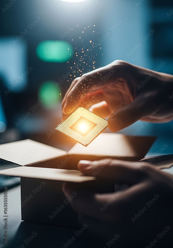 Poster hand holding glowing computer processor over open box