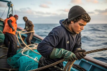 Fototapeta premium A man in a blue hoodie is pulling a rope on a boat