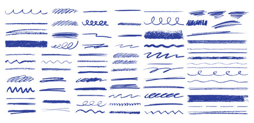 Blue crayon brush strokes and scribbles collection vector