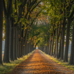 Fototapeta premium Scenic Tree-Lined Avenue in Warm Autumn Sunlight 
