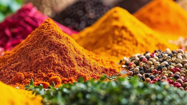 A captivating close-up of a variety of colorful spices and herbs, beautifully illuminated to highlight their vibrant colors and rich textures, perfect for culinary-themed concepts.