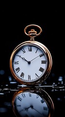 Elegant vintage pocket watch reflecting on water surface
