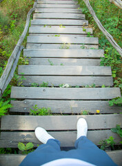 Wooden stairs in outdoor. Summer. Armenia