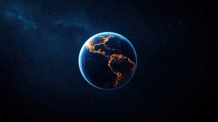 Illuminated Earth from Space with Starry Background