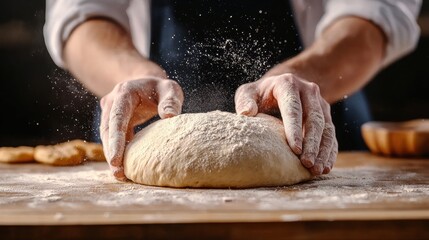 Artisan baker kneading dough with flour in a rustic kitchen