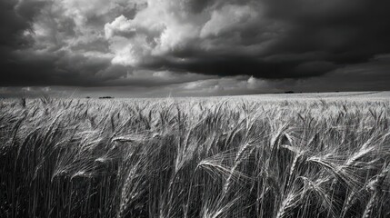 Black And White Corn Field. Dramatic Nature of Black And White Wheat Field Under Summer Sky