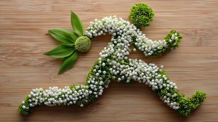 Running silhouette created with summer flowers on a light wood background