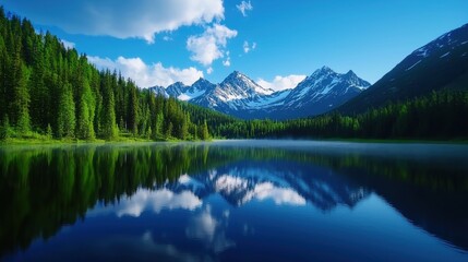 Serene mountain lake reflecting a clear blue sky