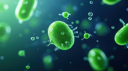 Microscopic view of vibrant green bacteria in a fluid environment