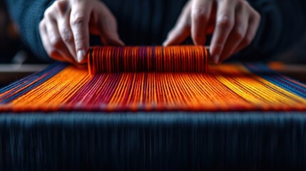 Craftsperson weaving vibrant threads on a loom