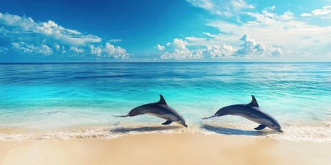 A serene tropical beach with dolphins swimming near the shore