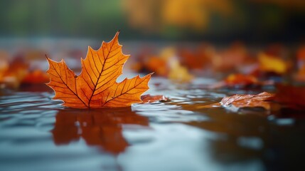 Autumn leaves floating on tranquil water surface