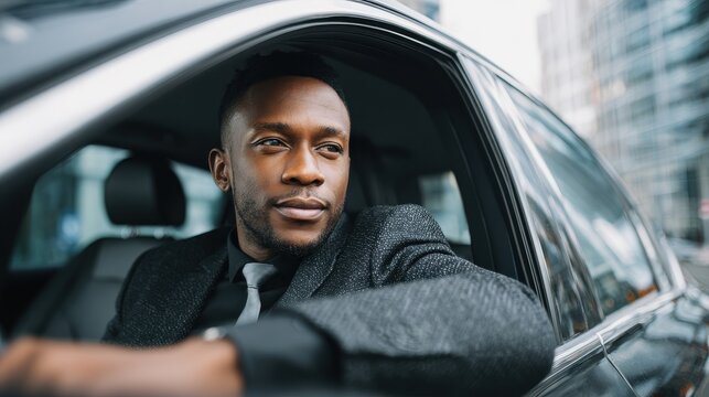Black Drive Through. African American Businessman in Blazer Driving Car Through City