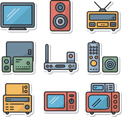 Colorful sticker icon set of various home electronics and media devices
