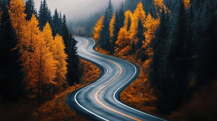 Winding road through autumn forest landscape