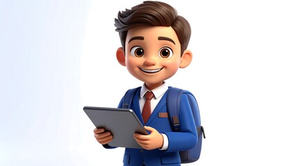 Cartoon boy in school uniform holding a tablet