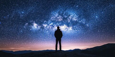 Fototapeta premium A silhouette of a traveler standing alone under a sky full of stars