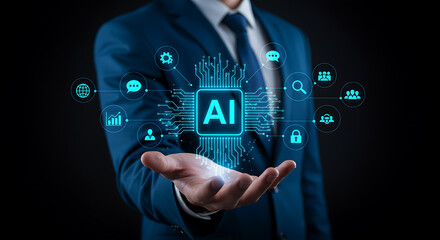 Man in suit presenting artificial intelligence concept with glowing digital network technology